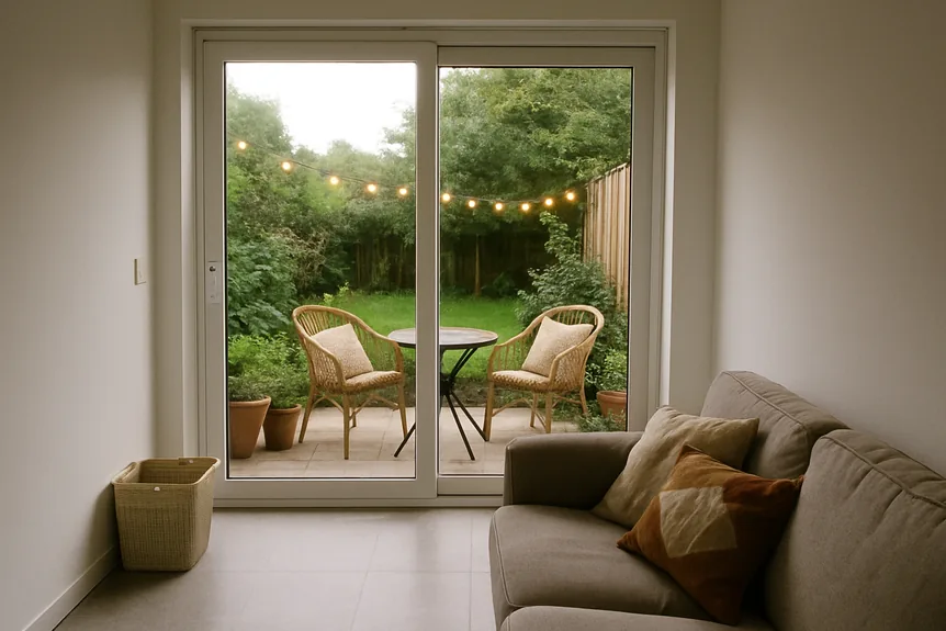 Cozy outdoor patio with bistro table, wicker chairs, string lights, and potted plants at twilight