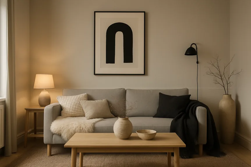 A sophisticated Scandinavian living room in a monochrome palette of warm white, soft gray, charcoal, black, and light natural wood. The room has warm white walls, a large soft-gray linen sofa, a light oak coffee table, and subtle black accents through a minimalist framed artwork and a charcoal throw. Layered sheepskin, chunky wool, and natural linen textiles add visible tactile warmth and softness throughout the space. Warm ambient lighting creates a gentle evening glow, balancing the strong black-and-white contrast so the room feels calm, cozy, and inviting rather than stark or cold. Clean Scandinavian architecture, uncluttered styling, natural materials, soft shadows, refined but lived-in atmosphere, editorial interior photography, realistic high-end residential design. No people, no excessive decoration, no bright colors.