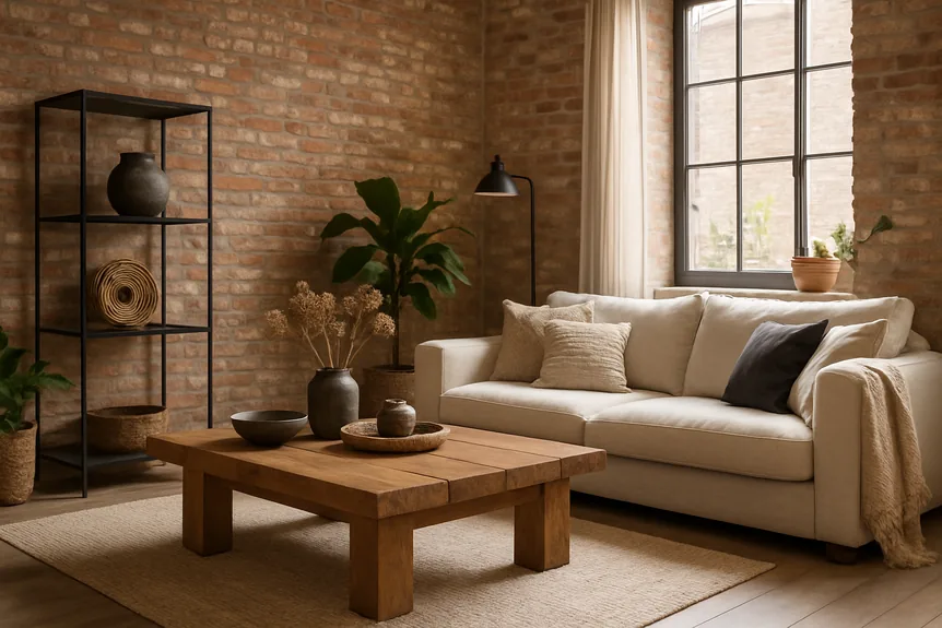 Chunky reclaimed wood coffee table before a linen sofa beside black steel shelving and an exposed brick wall