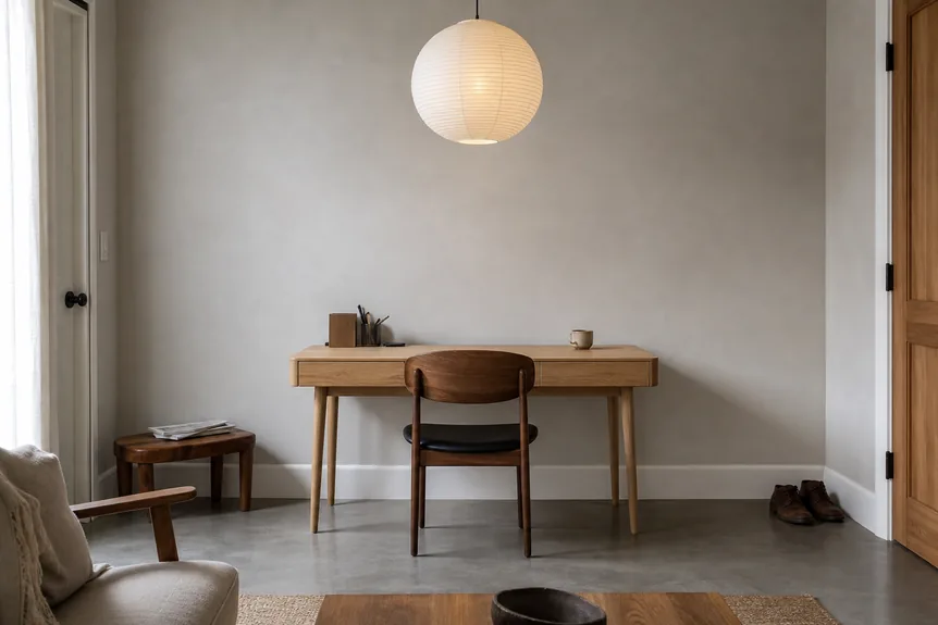 Paper lantern pendant light above wooden desk and chair in Japandi home office with neutral walls and concrete floor