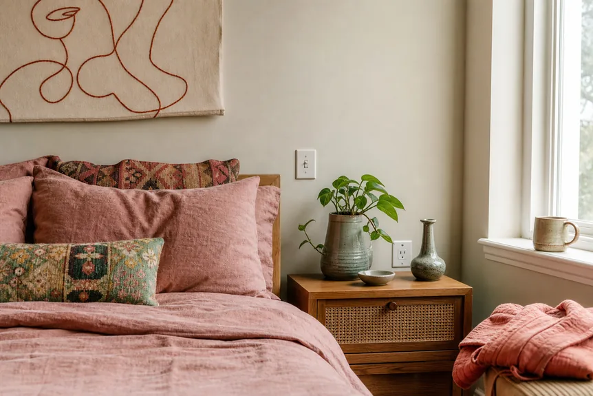 Rustic wooden bed with terracotta linens and woven pillows in a desert boho bedroom with ceramic accents