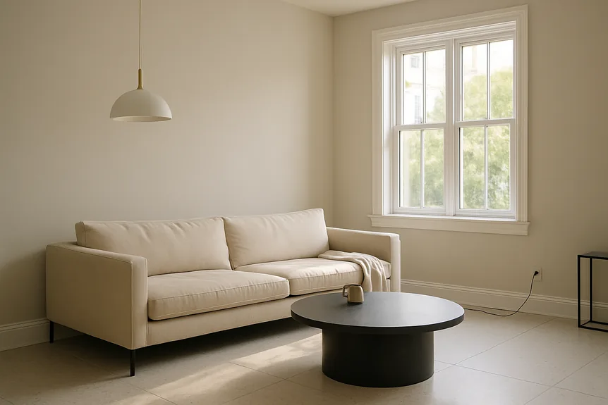 Beige fabric sofa in modern living room with black round coffee table and pendant light, neutral tones