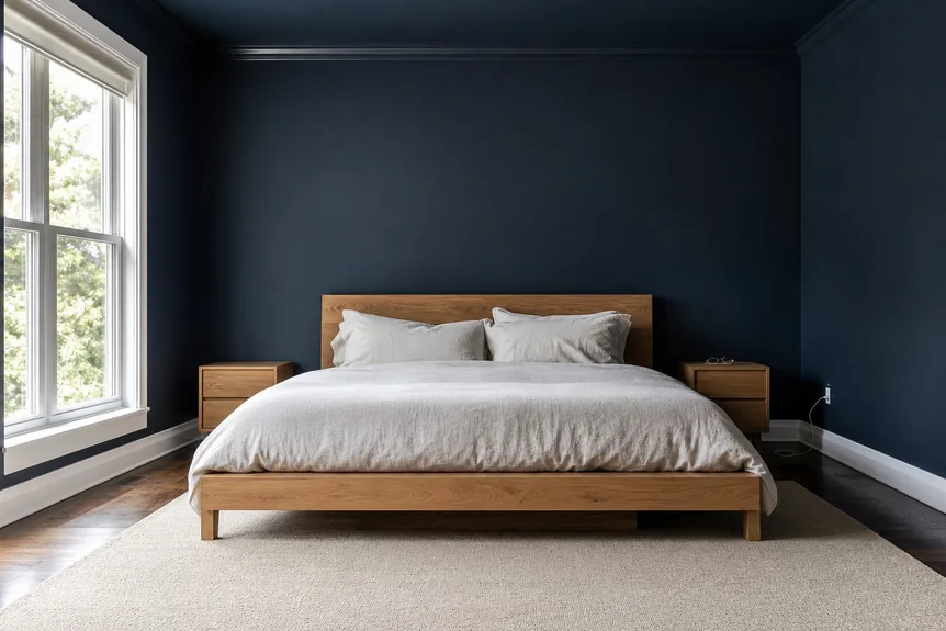 Oak platform bed with matching nightstands in minimalist bedroom with navy walls and beige rug