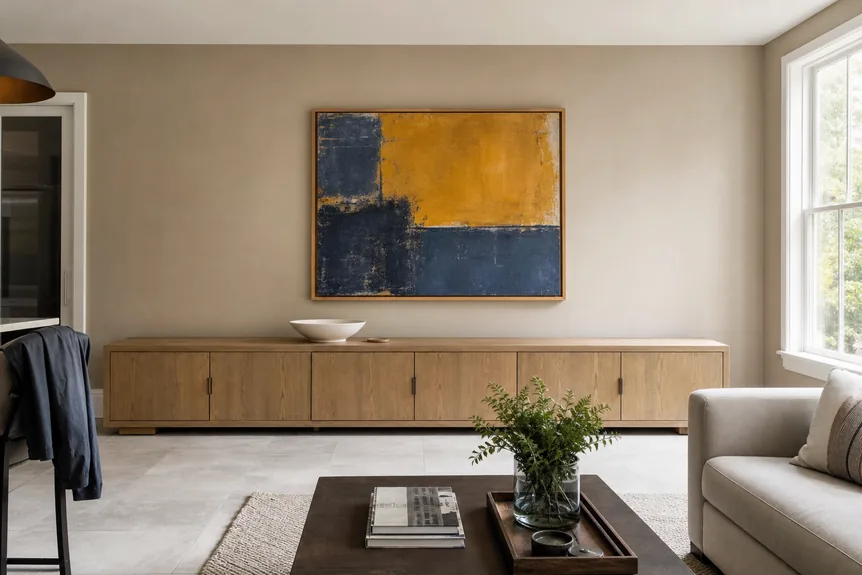 Abstract yellow and navy painting in a modern dining room with light wood cabinet and neutral walls