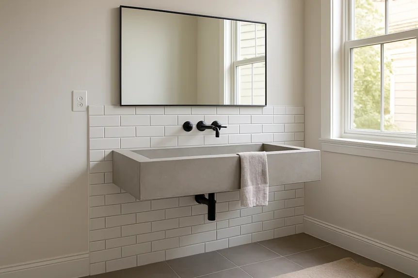 Rectangular concrete sink in modern bathroom with white subway tile backsplash and black fixtures