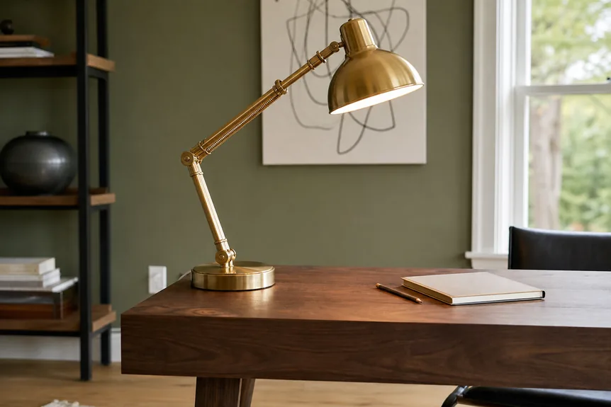 Brass adjustable desk lamp on walnut wood table in modern home office with olive green walls and black chair