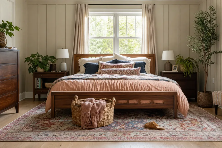 Patterned area rug in bohemian bedroom with wooden bed frame, woven basket, and neutral curtains