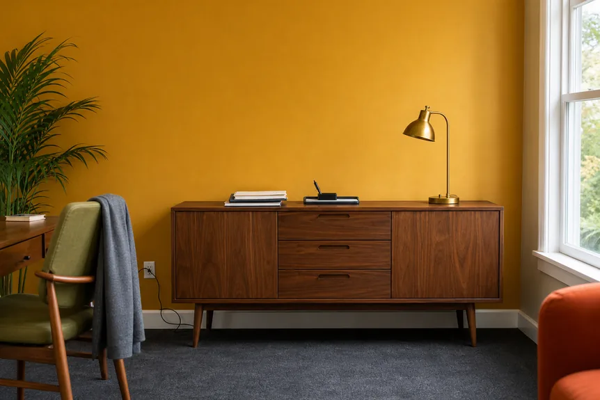 Mid-century modern walnut sideboard in home office with mustard yellow wall, brass lamp, and green upholstered chair