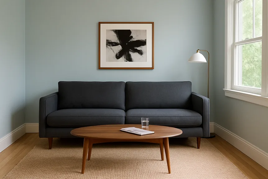 Dark gray fabric sofa in modern living room with wooden oval coffee table and light blue walls