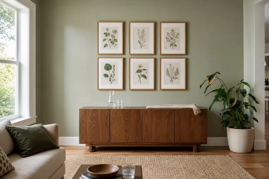 Six framed botanical prints in wood frames above walnut sideboard in sage green dining room with natural textures