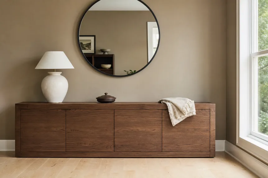 Low wooden storage cabinet in Japandi home office with beige walls, ceramic lamp, and round black-framed mirror