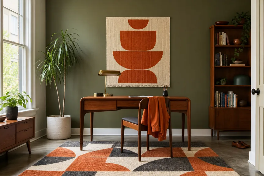 Geometric wool rug in mid century modern home office with warm wood desk and olive green walls