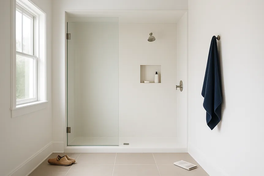 Minimalist walk-in shower in modern bathroom with white walls, beige floor tiles, and glass door panel