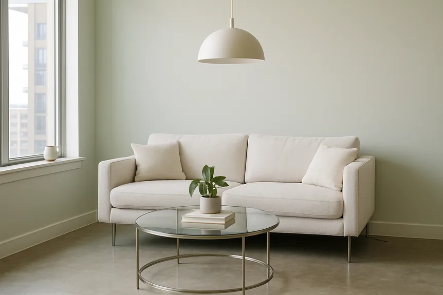 Light beige fabric sofa in small modern living room with glass metal coffee table and pendant light