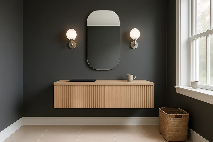 Floating wood vanity with oval mirror and globe sconces in modern bathroom with dark walls and natural light