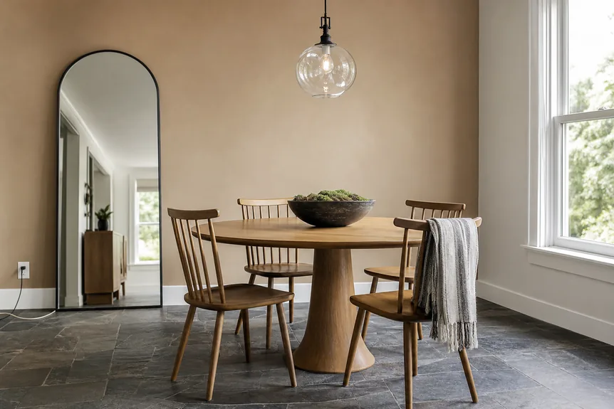 Tall arched black metal-framed mirror in modern dining room with wood table, chairs, and gray stone tile floor