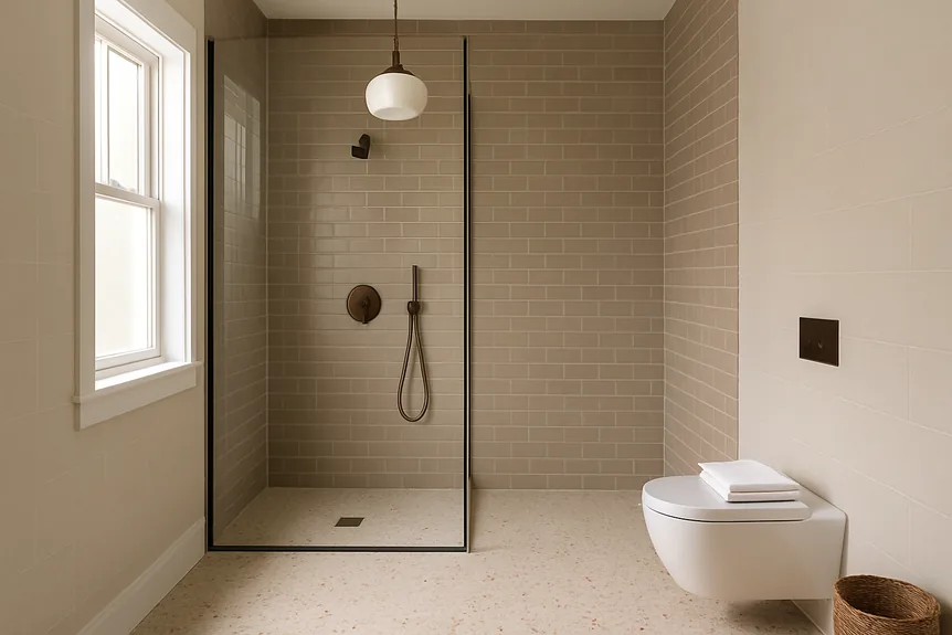Frameless glass shower enclosure in small modern bathroom with beige subway tile and terrazzo floor