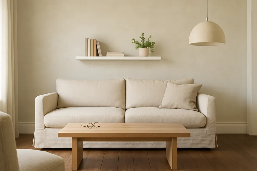 Beige linen sofa with wooden coffee table in modern living room featuring neutral tones and soft lighting