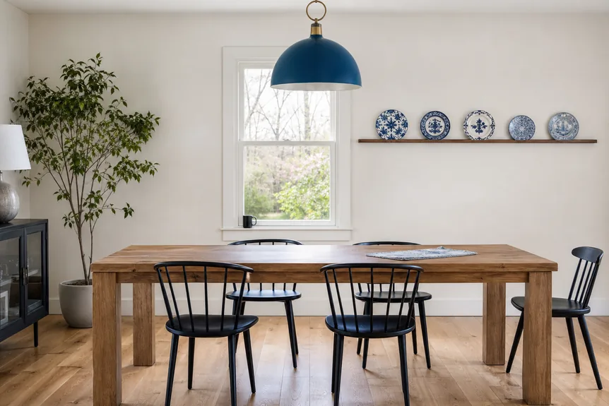 Floating wood shelf with blue and white decorative plates in modern dining room with natural wood and black accents