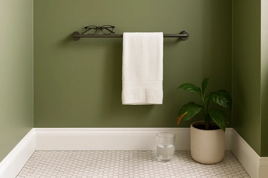 Matte black towel bar with white towel in modern bathroom featuring olive green walls and hex tile floor