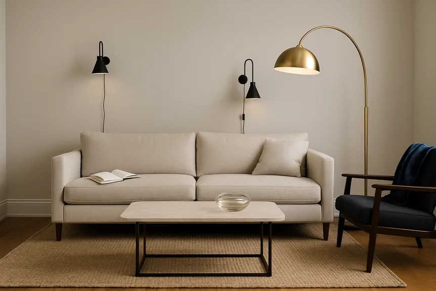 Brass arc floor lamp and black wall sconces in modern living room with beige sofa and wooden accents