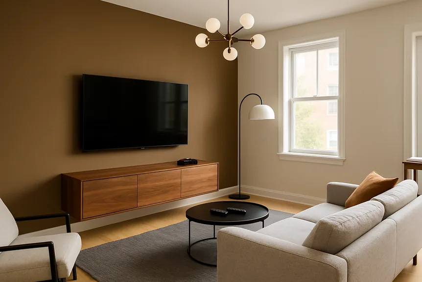 Wall-mounted wooden media console in modern living room with brown accent wall, beige sofa, and black metal round coffee
