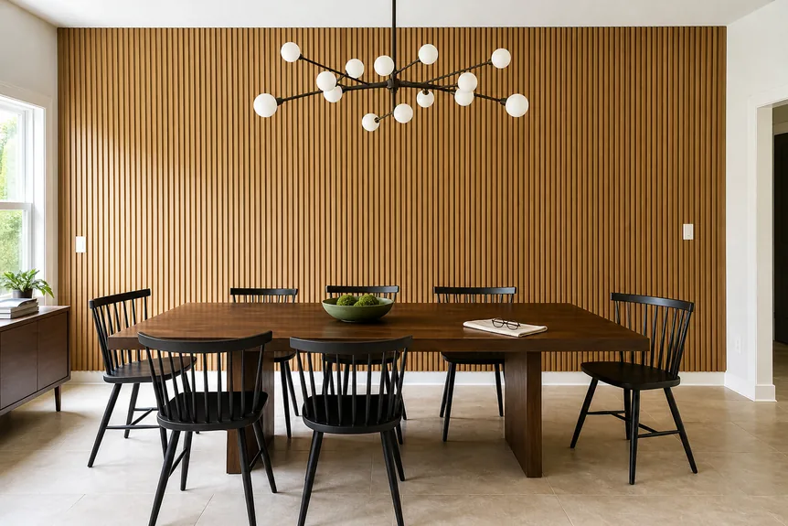 Vertical wood slat accent wall in modern dining room with dark wood table and black spindle chairs, neutral tones
