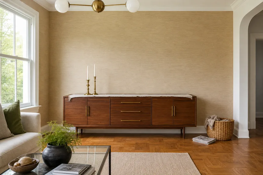 Textured beige grasscloth wall covering in mid-century modern dining room with wooden sideboard and parquet flooring