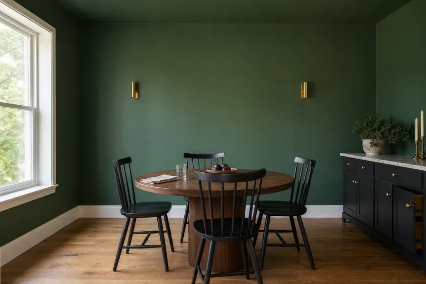 Matte forest green painted walls in dining room with round wood table and black spindle-back chairs, brass sconces