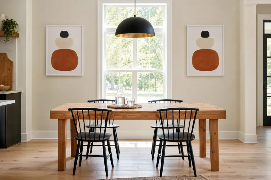 Abstract geometric prints in white frames flanking window in modern dining room with wood table and black chairs