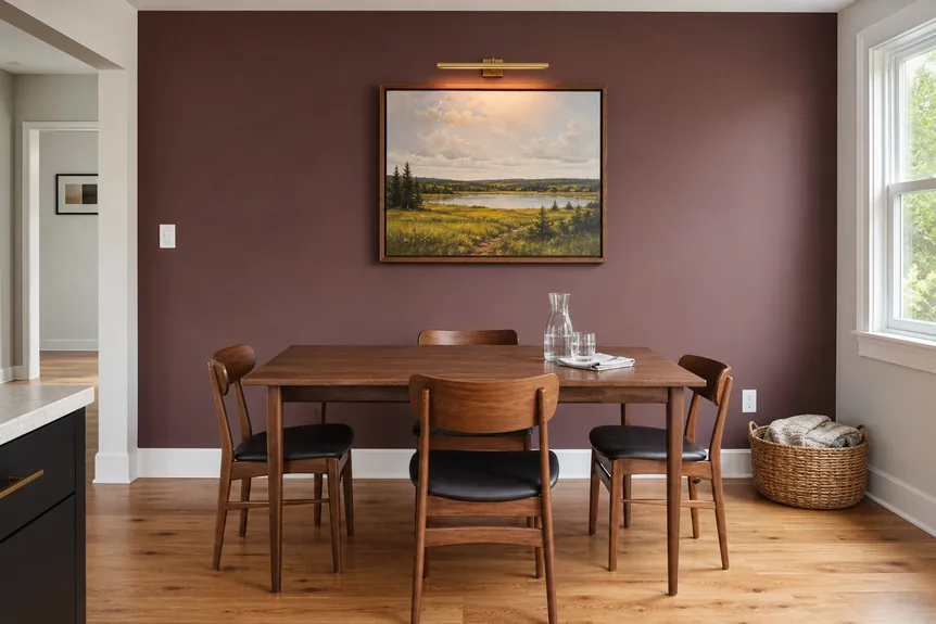Framed landscape painting with brass picture light in dining room, warm wood furniture and mauve wall paint