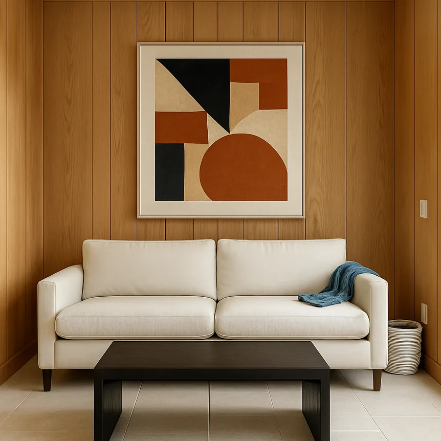 Cream fabric sofa in modern living room with wood panel walls and abstract art in warm tones