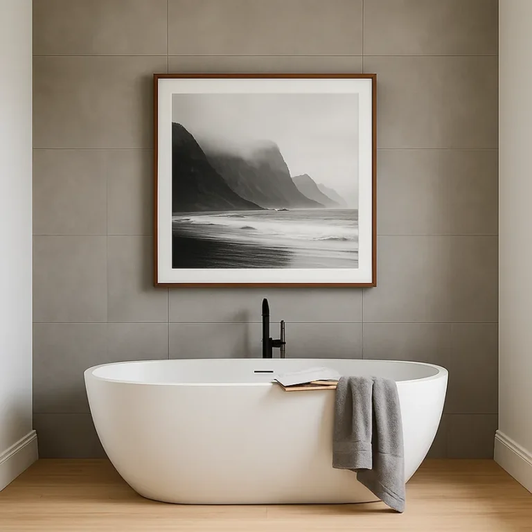 Freestanding oval bathtub in modern bathroom with matte gray tile wall and light wood flooring